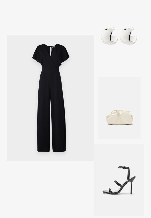 Mustmust mustriga disainiga must jumpsuit, lühikesed flirdilised varrukad ja V-kujuline kaelus. Omab võtmeaugu tagaosa ja pinguldatud taljet, et luua voolav välimus.; Mustad nahast kõrge kontsaga sandaalid, millel on kolm horisontaalset rihma ja reguleeritav pahkluuri rihm. Sleek siluett ja läikiv viimistlus.; Pehme kergelt kreemikas nahast klapi-tüüpi kott kokkutõmmatud volditud disainiga ning õhuke õlarihm ees rahuldaval taustal.; Paari poleeritud hõbedast poolkuu kujuga kõrvarõngaid nööpkinnitusega valgel taustal.