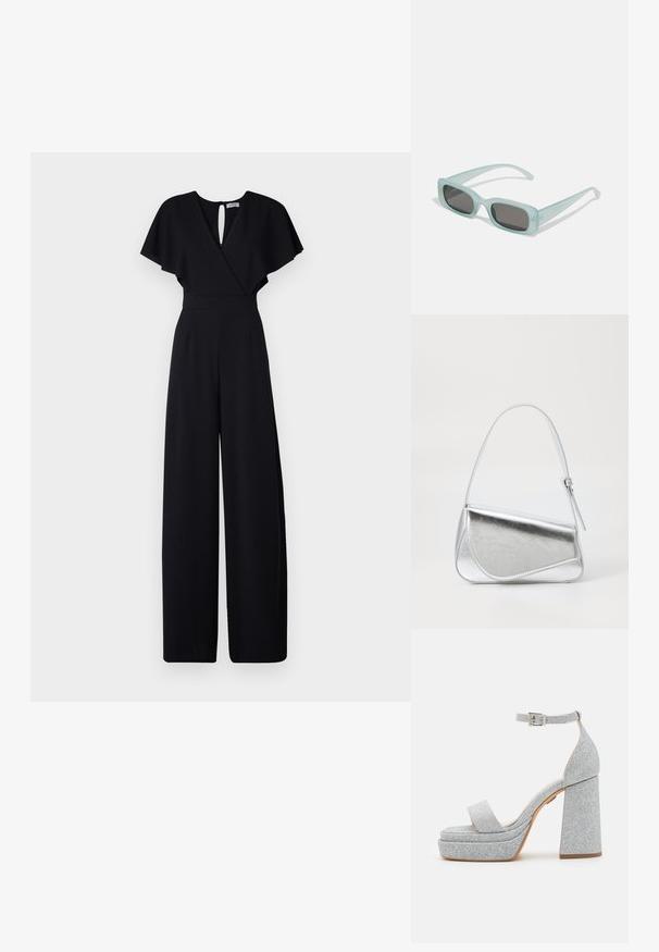 Schwarzer Jumpsuit mit weitem Bein-Design, kurzen, flatternden Ärmeln und einem V-Ausschnitt. Verfügt über einen Schlüsselhole-Rücken und eine taillierte Taille für einen eleganten Look.; Silberne Glitzer-Plateausandalen mit einem breiten Riemen, verstellbarer Knöchelsschnalle und einem klobigen Absatz. Sie haben eine glatte, strukturierte Oberfläche.; Ein Paar rechteckige Sonnenbrillen mit lichtblauen, halbtransparenten Rahmen und dunkelgrauen Gläsern, ausgestattet mit geraden Bügeln und minimalen Hardware-Details.; Silberfarbene metallische Handtasche mit dreieckiger Form, glatter Textur und einem dünnen, verstellbaren Schultergurt. Sie verfügt über ein umklappbares Design mit Nähten.
