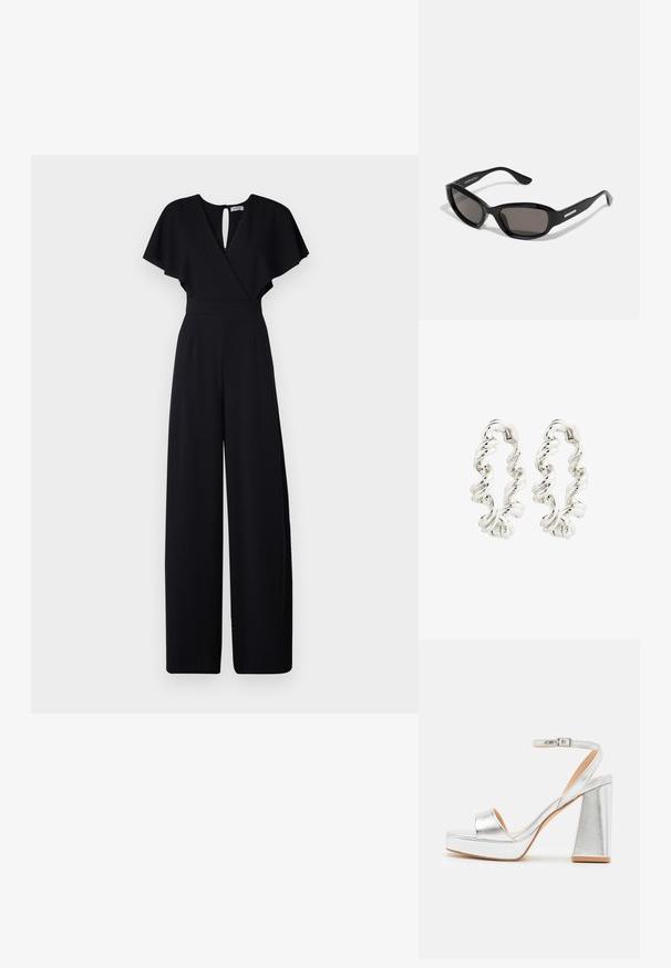 Schwarzer Jumpsuit mit weitem Bein-Design, kurzen, flatternden Ärmeln und einem V-Ausschnitt. Verfügt über einen Schlüsselhole-Rücken und eine taillierte Taille für einen eleganten Look.; Silberne Plattform-Sandalen mit einem breiten Zehenriemen, einem Knöchelriemen mit Schnalle und einem klobigen Absatz. Glatte metallische Oberfläche und flaches Sohlen-Design.; Schwarze Sonnenbrille mit rechteckigem Rahmen, dunklen Gläsern, glattem Kunststoffmaterial und einem metallischen Akzent am Bügel.; Verdrehte silberne Creolen mit einer glatten, reflektierenden Oberfläche und sicherem Verschluss. Das Design zeigt ein Spiral-Muster für zusätzliche Details.