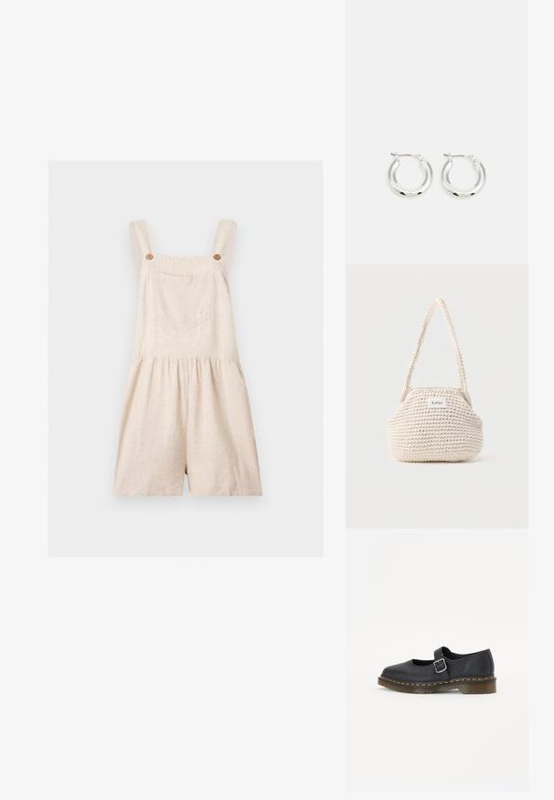 Salopette courte en lin beige avec larges bretelles, poche avant, boutons en bois et taille froncée sur fond uni.; Chaussures Mary Jane en cuir noir avec un bout rond, boucle ajustable, coutures jaunes et une semelle en caoutchouc brun épaisse.; Petit sac d'épaule crocheté de couleur blanc cassé avec une seule poignée et une étiquette rectangulaire de la marque LeGer à l'avant.; Boucles d'oreilles en argent avec une finition polie, présentant une forme circulaire et une fermeture à charnière. Texture lisse avec un minimum de détails.