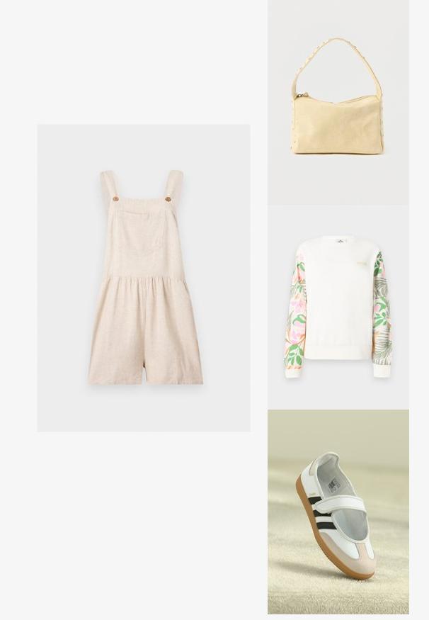 Salopette courte en lin beige avec larges bretelles, poche avant, boutons en bois et taille froncée sur fond uni.; Sweat-shirt blanc à manches longues avec des manches à motif floral pastel et un petit logo "RIP CURL" sur le haut gauche de la poitrine.; Chaussure blanche avec un embout en daim rose, des rayures noires et une sangle Velcro. Dispose d'une semelle en caoutchouc brun et d'un logo sur le côté.; Petit sac à main en cuir beige avec une seule bandoulière et des clous argentés le long des bords et de la bandoulière, posé sur un fond uni.
