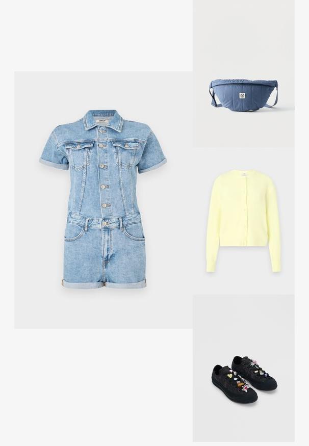 Salopette en denim bleu clair, avec des manches courtes, un boutonnage sur le devant, deux poches poitrine et des ourlets roulés. Texture classique du jean.; Cardigan jaune côtelé avec encolure ronde, manches longues et fermeture à boutons, orné de petits boutons nacrés. Texture douce.; Baskets en dentelle noire décorées d'accessoires charms colorés et métalliques attachés aux lacets sur un fond gris uni.; Ceinture banane matelassée bleue avec sangle réglable et poche avant zippée, ornée d'un petit patch logo blanc au centre.