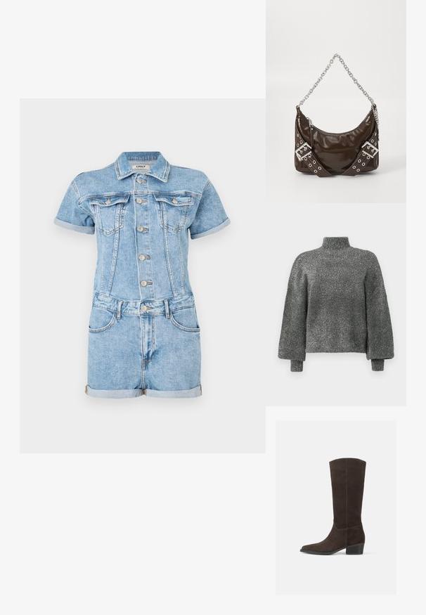 Salopette en denim bleu clair, avec des manches courtes, un boutonnage sur le devant, deux poches poitrine et des ourlets roulés. Texture classique du jean.; Pull en maille métallisée gris, à col montant et manches longues légèrement surdimensionnées. Tissu texturé et scintillant avec une coupe décontractée et des poignets côtes.; Bottine en daim marron foncé, montante jusqu'au genou, avec un bout carré, une texture lisse et un petit talon empilé, affichant un design minimaliste et des lignes épurées.; Sac à main en cuir verni marron foncé avec une bandoulière en chaîne argentée, des ceintures décoratives à double boucle et une fermeture éclair.