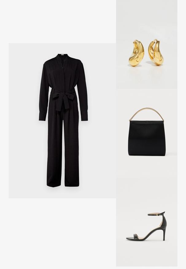 Vanessa Bruno DAYON - Combinaison - noir; Sandale à talons hauts en cuir noir avec une lanière de cheville. Présente une texture lisse, un bout ouvert et un talon fin. Détail de boucle en ton doré.; Sac noir en tissu lisse, présentant une forme structurée, une poignée en chaîne dorée et un design géométrique minimaliste.; Boucles d'oreilles en or en forme de d'anneaux lisses et courbés avec une finition polie. Équipées d'un mécanisme de fermeture et de légères indentations pour le détail.