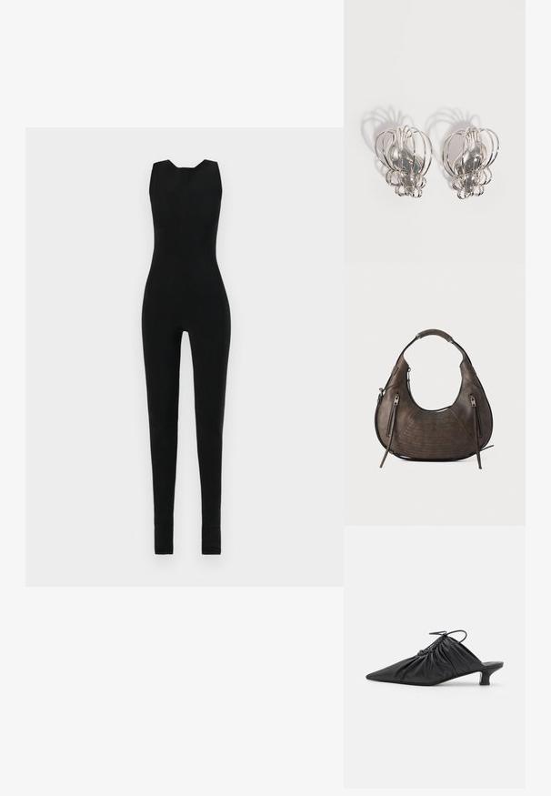 Black jumpsuit with a sleeveless design, featuring a rounded neckline and fitted legs. Material appears smooth and stretchy, with no additional details.; Black leather slip-on mules with a pointed toe, gathered texture, and a small kitten heel. Features a drawstring detail at the opening.; Dark brown crescent-shaped leather handbag with two vertical zippered pockets and a single padded handle.; Pair of silver metal earrings with open wire cage design and smooth central oval shapes casting curved shadows on a white background.