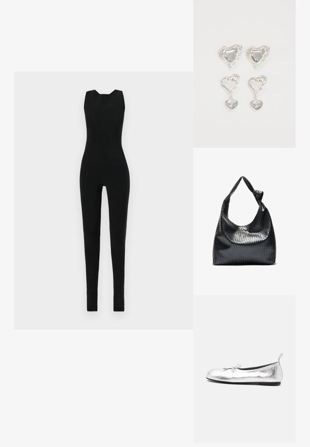 Sort jumpsuit med ærmeløst design, der har en rund halsudskæring og tætsiddende ben. Materialet ser glat og strækbart ud, uden yderligere detaljer.; Sølvmetallic balletsko med lille sløjfe foran, sort sål og trækflap ved hælen, vist fra siden.; Sort vævet lædertaske med en afslappet design, der har et knyttet rem og en lille dekorativ guldstud foran.; Sølvøreringe i hjerteform har facetterede klare sten med en struktureret ramme. Sættet inkluderer både studs og hængende stilarter.