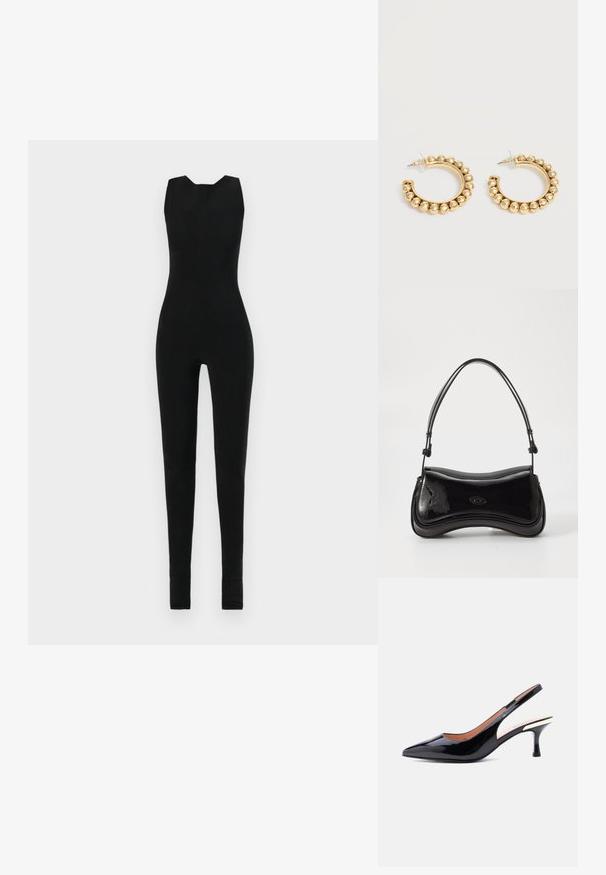 Sort jumpsuit med ærmeløst design, der har en rund halsudskæring og tætsiddende ben. Materialet ser glat og strækbart ud, uden yderligere detaljer.; Sort slingback-pumps i laklæder med spids tå og mellemhøj hæl med en metallisk detalje nær hælen.; Sort patentlæder håndtaske med en buet form, et enkelt håndtag og en rund bund. Har en subtil logo-detalje på forsiden.; Et par guldfarvede creoler med afrundede perle-detaljer langs den ydre kant på en lys baggrund.