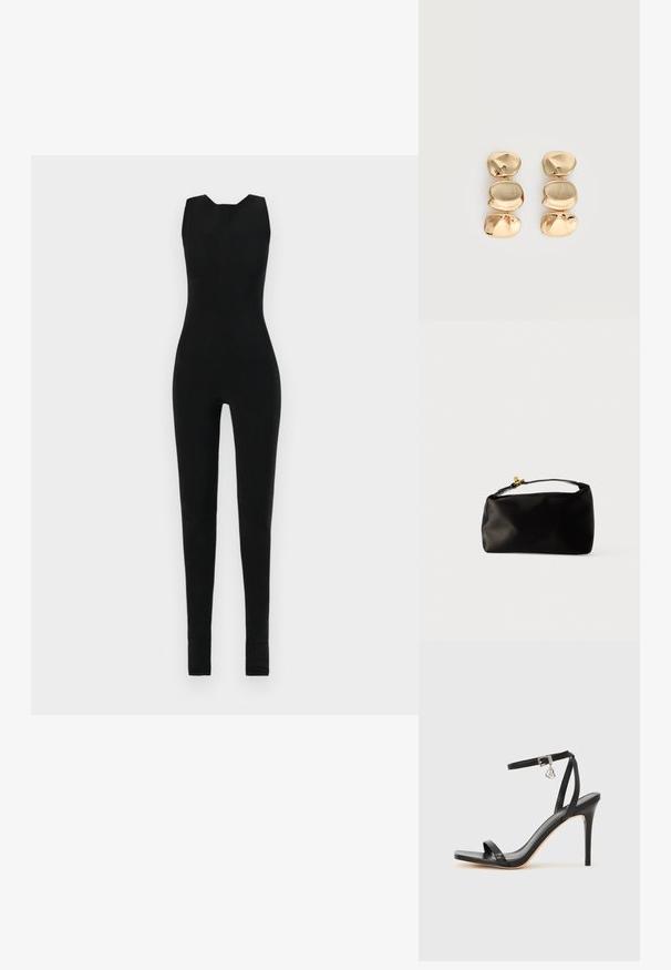Black jumpsuit with a sleeveless design, featuring a rounded neckline and fitted legs. Material appears smooth and stretchy, with no additional details.; Black high-heeled sandal with a narrow ankle strap, square toe box, smooth leather material, and metallic buckle accent.; Black satin pouch bag with a rounded shape, a top handle, and a gold accent clasp. Smooth texture with a minimalist design.; Gold-tone drop earrings with three irregular, smooth, rounded segments stacked vertically on a plain light background.