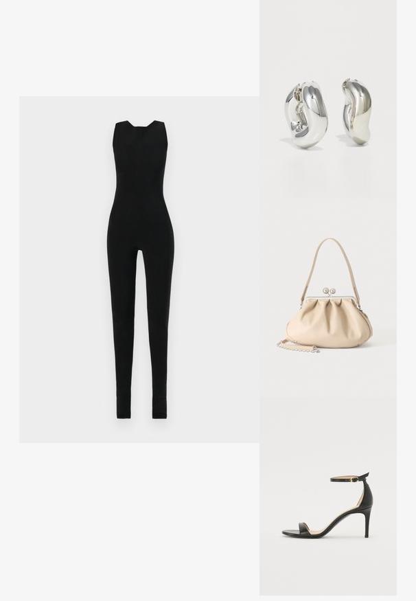 Schwarzer Jumpsuit mit ärmellosem Design, runder Halslinie und schmal geschnittenen Beinen. Das Material scheint glatt und dehnbar zu sein, ohne zusätzliche Details.; Schwarze Leder-high-heeled Sandale mit Knöchelriemen. Verfügt über eine glatte Textur, offene Zehen und einen dünnen Absatz. Goldfarbener Schnallenakzent.; Beige weiche Lederhandtasche mit silbernem Metallrahmenverschluss, einem Schulterriemen und einem optionalen Kettenriemen auf weißem Hintergrund.; Silberne skulpturale Ohrringe mit glatten, geschwungenen Formen und reflektierenden Oberflächen. Sie verfügen über ein geschlossenes Ringdesign und eine ausgeprägte organische Form.