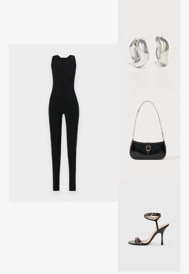 Combinaison noire sans manches, avec un col rond et des jambes ajustées. Le matériau semble lisse et extensible, sans détails supplémentaires.; Sandale à talons hauts en cuir verni noir avec une fine bride de cheville et une boucle, orteil ouvert et talon aiguille mince sur fond blanc.; Sac à épaule en cuir verni noir avec détail de boucle argentée et bandoulière en chaîne argentée, présenté sur un fond uni clair.; Boucles d'oreilles sculpturales en argent avec des formes douces et courbes et des surfaces réfléchissantes. Présentent un design de boucle fermée et une forme organique distincte.