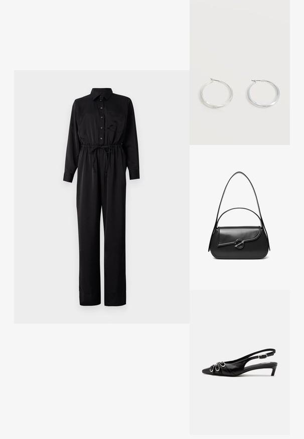 Combinaison noire à manches longues, fermeture boutonnée sur le devant, poche poitrine, taille élastique avec cordon de serrage et jambes larges en tissu lisse.; Chaussure slingback en cuir noir avec bout pointu, trois boucles argentées à l'avant et petit talon kitten sur fond blanc.; Sac à bandoulière en cuir noir avec un rabat incurvé fermé par un fermoir métallique rond et une sangle fine et ajustable.; Boucles d’oreilles créoles en métal argenté avec une surface lisse légèrement incurvée et des fermoirs à clapet sur un fond blanc uni.