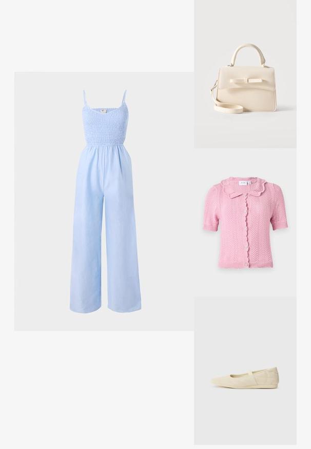 Lysblå jumpsuit lavet af blødt stof, med et smocked bodice, tynde stropper og vide ben for en løs pasform.; VILA VILUND SHIRT - Cardigan - sangria sunset; Lysebrune ballet flats med en glat læderoverflade, mandelformet tå og elastisk rem over vristen, med diskrete syninger.; Lille beige håndtaske med top-håndtag, aftagelig rem, forreste klap og dekorativ vandret sløjfe på en ensfarvet baggrund.