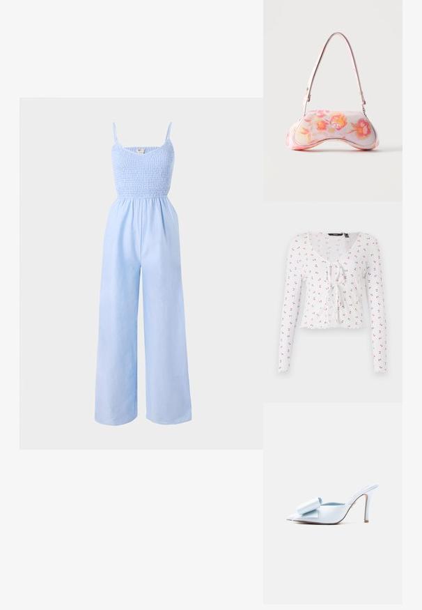 Lysblå jumpsuit lavet af blødt stof, med et smocked bodice, tynde stropper og vide ben for en løs pasform.; Hvid langærmet top med v-udskæring, frontknudedetalje og et mønster af små røde kirsebær med grønne blade. Scalloped kant.; Lyseblå læder slingback-sko med spids tå, stor sløjfedetalje og en 10 cm høj stilet-hæl. Glat tekstur og minimalistisk design.; Lille håndtaske med en buet form med et pink og orange blomsterprint og en enkelt skulderrem mod en ensfarvet baggrund.