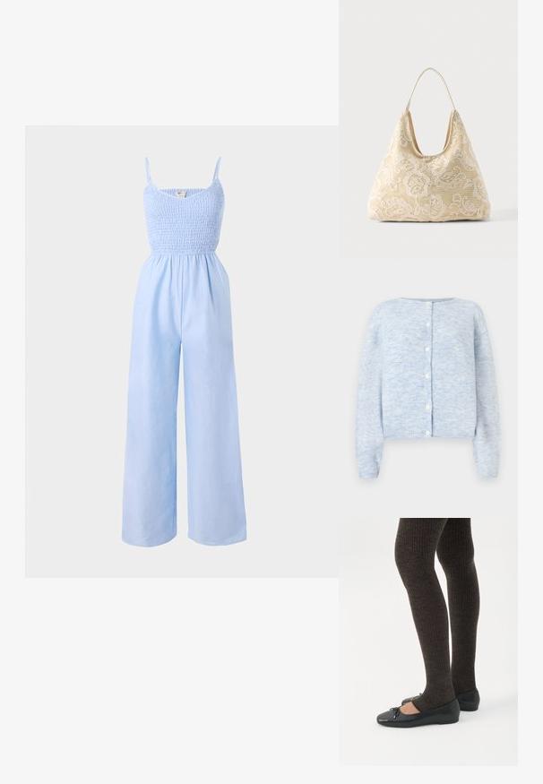 Lysblå jumpsuit lavet af blødt stof, med et smocked bodice, tynde stropper og vide ben for en løs pasform.; Lys blå cardigan lavet af blødt strikstof, med rund halsudskæring, frontknaplukning og lange ærmer med ribbede manchetter og kant.; Ben iført mørke ribbede leggings kombineret med sorte balletsko med små sløjfedetaljer på hvid baggrund.; Kremfarvet stoftaske med hvidt blomsterhæklet mønster og en enkelt tynd skulderrem på ensfarvet baggrund.