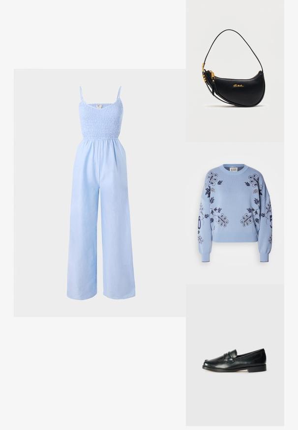 Lysblå jumpsuit lavet af blødt stof, med et smocked bodice, tynde stropper og vide ben for en løs pasform.; Scotch & Soda RELAXED PULLOVER - Striktrøje - faded denim; Sorte læder moccasin sko med rund tå, hævede syningsdetaljer og en lav hæl. Glat tekstur med minimale udsmykninger.; Sort halvmåneformet læderhåndtaske med gyldent lynlås, justerbar rem og lille gyldent "Steve Madden"-logo på forsiden.
