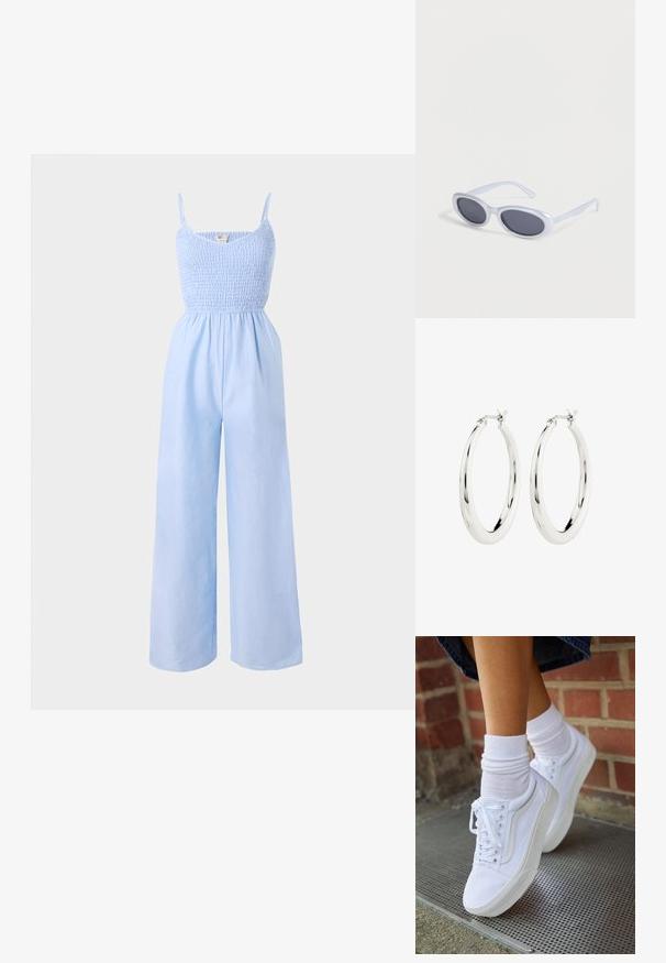 Lysblå jumpsuit lavet af blødt stof, med et smocked bodice, tynde stropper og vide ben for en løs pasform.; Hvide lærreds sneakers med gummisåler, der har seks snørehuller, rund tå og let sømdetaljer, krydret med hvide ankelstrømper.; Ovale solbriller med hvid ramme og mørke linser, der hviler på en hvid overflade.; Sølvøreringe i form af hoops med en glat, blank finish. Cirkulær form, der har en sikker lås. Simpelt og elegant design.