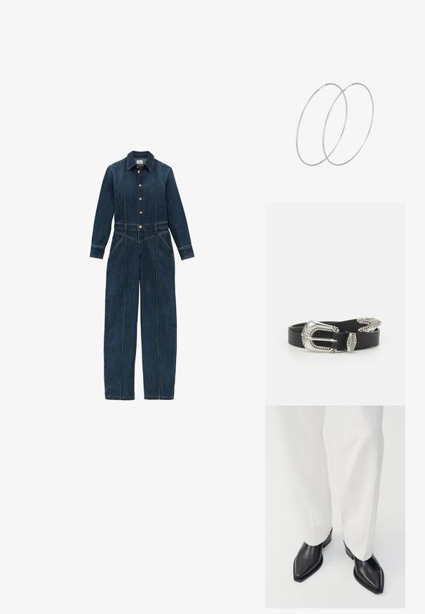Balles en denim bleu foncé avec manches longues, boutons sur le devant, col classique et jambes larges. Détails de couture distinctifs tout au long.; Bottines noires à bout pointu en cuir lisse, avec des talons bas en bloc, associées à un pantalon large blanc. Design simple et moderne.; Boucles d'oreilles en argent au design minimaliste. Forme circulaire, texture lisse et profil fin. Légères avec une finition polie.; Ceinture en cuir noir avec une grande boucle en métal argenté dotée de détails complexes et d'accents décoratifs à chaque extrémité.
