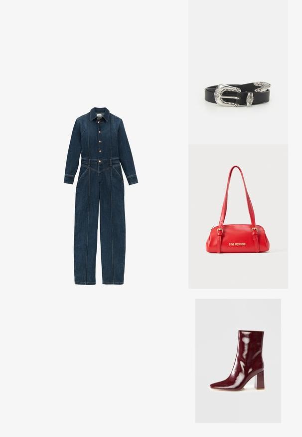 Mørkeblå denim jumpsuit med lange ærmer, knaplukning foran, klassisk krave og brede ben. Distinkte syninger hele vejen igennem.; Bordeaux patentlæder ankelstøvle med spids tå og blokhæl med en transparent detalje. Glat tekstur og blank finish.; Rød håndtaske i imiteret læder med justerbare stropper, gyldent hardware og "LOVE MOSCHINO" logo, med en slank, rundet silhuet.; Sort læderbælte med en stor sølvmetalspænde, der har indviklede detaljer og dekorative accenter i begge ender.
