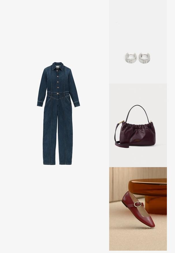 Balles en denim bleu foncé avec manches longues, boutons sur le devant, col classique et jambes larges. Détails de couture distinctifs tout au long.; Chaussure plate Mary Jane en cuir rouge avec une bride à boucle argentée, posée sur un tapis beige près d'une table ronde marron.; Sac à main en cuir bourgogne avec un design froncé, accents en métal doré et une bandoulière détachable ; présente un détail de logo sur le devant.; Guess STYLISH - Boucles d'oreilles - silver-coloured