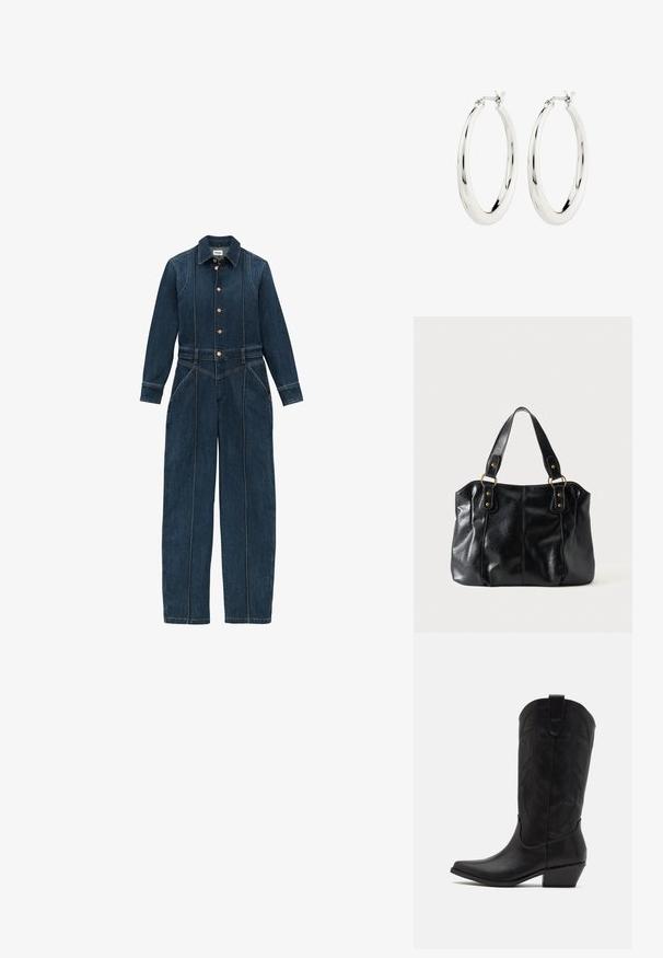 Donkerblauwe denim jumpsuit met lange mouwen, knoopsluiting aan de voorkant, klassieke kraag en brede pijpen. Kenmerkende stikseldetails overal.; Zwarte leren cowboylaars met spitse neus, lage gestapelde hak en een ingewikkeld geïmbossieerd bladerenpatroon op de schacht. Lus aan de bovenkant voor eenvoudig aantrekken.; Zwarte leren schoudertas met dubbele bandjes bevestigd met gouden ringen en klinknagels, glad en licht glanzend oppervlak, eenvoudig ontwerp.; Zilveren oorbellen in de vorm van een gladde, glanzende ring. Circulaire vorm, voorzien van een veilige sluiting. Eenvoudig en elegant ontwerp.