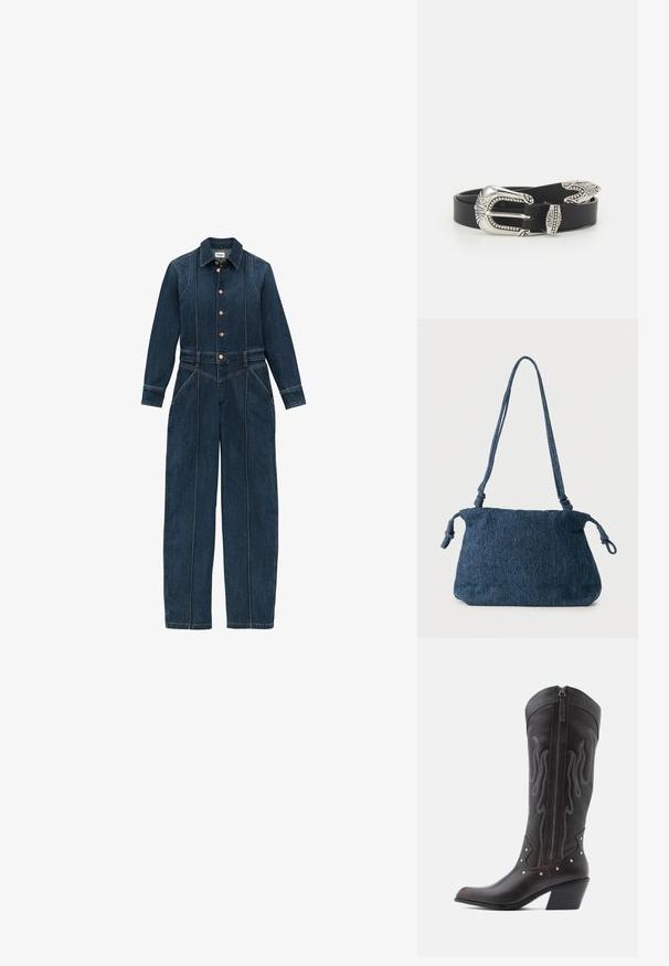 Mørkeblå denim jumpsuit med lange ærmer, knaplukning foran, klassisk krave og brede ben. Distinkte syninger hele vejen igennem.; Brune læder cowboystøvler med flammebroderi, sidelukning med lynlås, sølvnitter, spids snude og lagdelt hæl.; Mørkeblå denim skuldertaske med knyttede stropender og en enkel rektangulær form mod en hvid baggrund.; Sort læderbælte med en stor sølvmetalspænde, der har indviklede detaljer og dekorative accenter i begge ender.