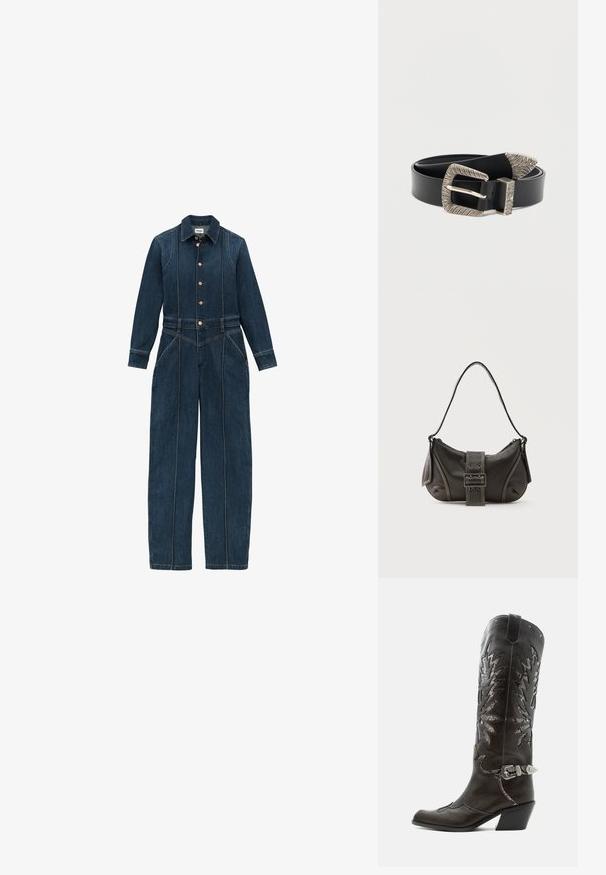 Mørkeblå denim jumpsuit med lange ærmer, knaplukning foran, klassisk krave og brede ben. Distinkte syninger hele vejen igennem.; Sort læder cowboystøvle med dekorative udskæringer, sølvspænde og skrå hæl, vist på hvid baggrund.; Sort læder skuldertaske med spænde på remmen, afrundede kanter og kontrasterende hvide syninger på en ensfarvet baggrund.; Sort læderbælte med et struktureret sølvspænde med et lineært mønster og spids ende, designet til lukning og justering.