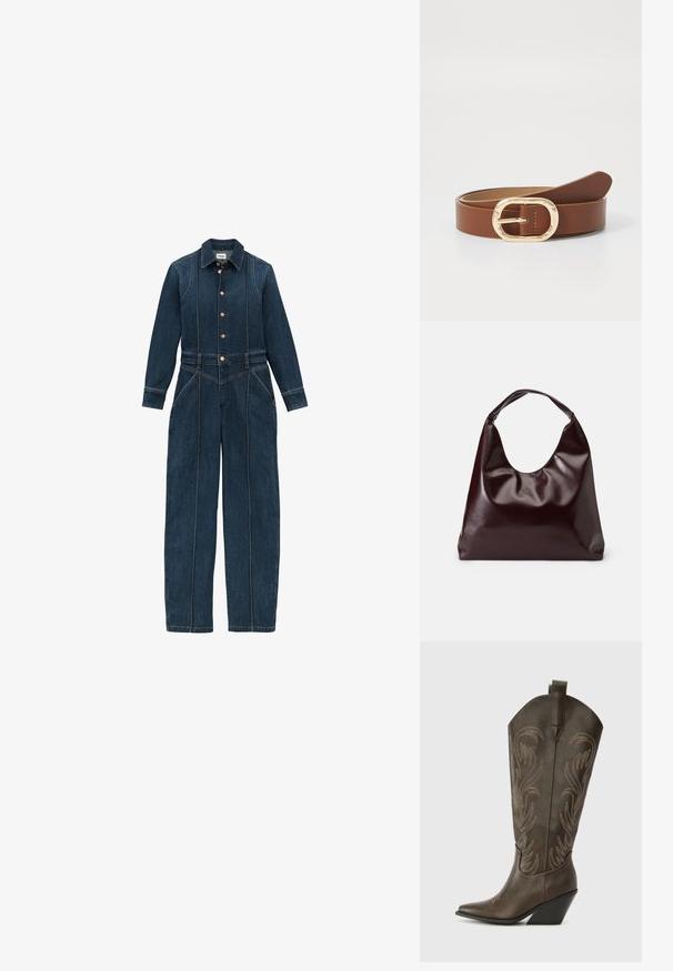 Donkerblauwe denim jumpsuit met lange mouwen, knoopsluiting aan de voorkant, klassieke kraag en brede pijpen. Kenmerkende stikseldetails overal.; Bruine leren cowboylaars met een spitse neus, wiggenhak en decoratieve borduursels. Heeft een hoge schacht en een trekriem.; Bordeaux, glanzende vegan leren totebag met een zachte, sculpturale vorm en een brede, gebogen handgreep voor makkelijk dragen.; Bruine leren riem met een gouden ovale gesp en gestikte details. Gladde textuur met een minimalistisch ontwerp en een taps toelopende uiteinde.