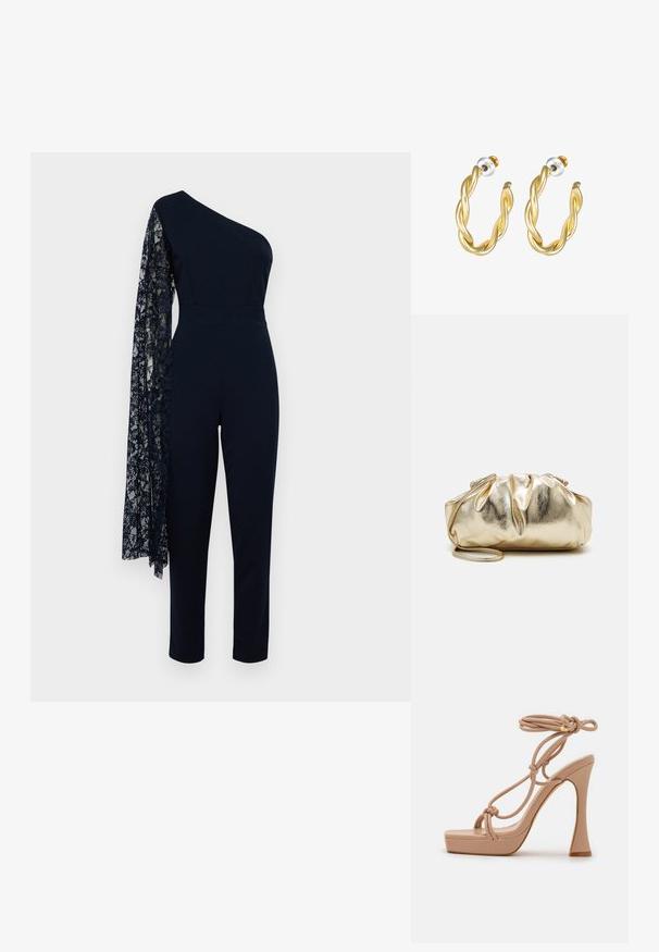 Marineblå jumpsuit med én blondelangærmet, tætsiddende overdel, lige ben-design og glat tekstur hele vejen igennem.; Glamorous Højhælede sandaletter / Højhælede sandaler - nude; Guldmetallic clutchtaske med en rynket tekstur, blød rund form og en aftagelig kæderekke. Har et sammenfoldet design øverst.; Guld snoede hoops øreringe med en glat overflade, der har en transparent baggrund og hardware i guldtoner.