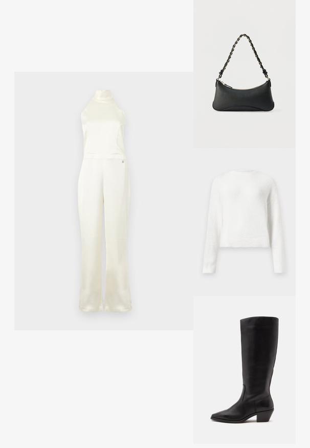 Creme satin jumpsuit med høj hals, tætsiddende buste og vidde ben. Har et lille logo-detail nær taljen. Glat struktur.; Hvid langærmet fuzzy crewneck sweater med en let cropped pasform og tekstureret stof.; Sort læderstøvle til midtkalv med spids tå og lavt skråt hæl på en enkel lys baggrund.; Sort skuldertaske i læder med en buet rektangulær form, gyldent kæde vævet ind i en flettet sort rem og toplynlås.