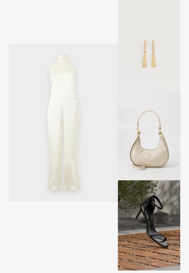 Creme satin jumpsuit med høj hals, tætsiddende buste og vidde ben. Har et lille logo-detail nær taljen. Glat struktur.; Sort højhælet sandal med ankelsnor, der ser ud til at svæve over et trægulv udendørs med sløret grønt og sten i baggrunden.; Beige pebbled lædertaske med en buet form, top-håndtag og hardware i guldtonet. Har en lynlåslukning og en aftagelig rem.; Øreringe i guldfarvet metal med glatte, aflangt dråbeformede vedhæng, der hænger fra små creol-låse på en hvid baggrund.