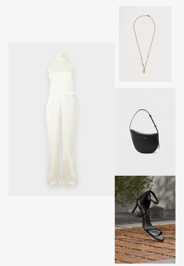 Creme satin jumpsuit med høj hals, tætsiddende buste og vidde ben. Har et lille logo-detail nær taljen. Glat struktur.; Sort højhælet sandal med ankelsnor, der ser ud til at svæve over et trægulv udendørs med sløret grønt og sten i baggrunden.; Sort halv-måne skuldertaske i læder med justerbar rem og guld "BOSS"-logo centreret foran.; Delikat guldkæde med lille hjertevedhæng, en perle og små dekorative elementer på hvid baggrund.