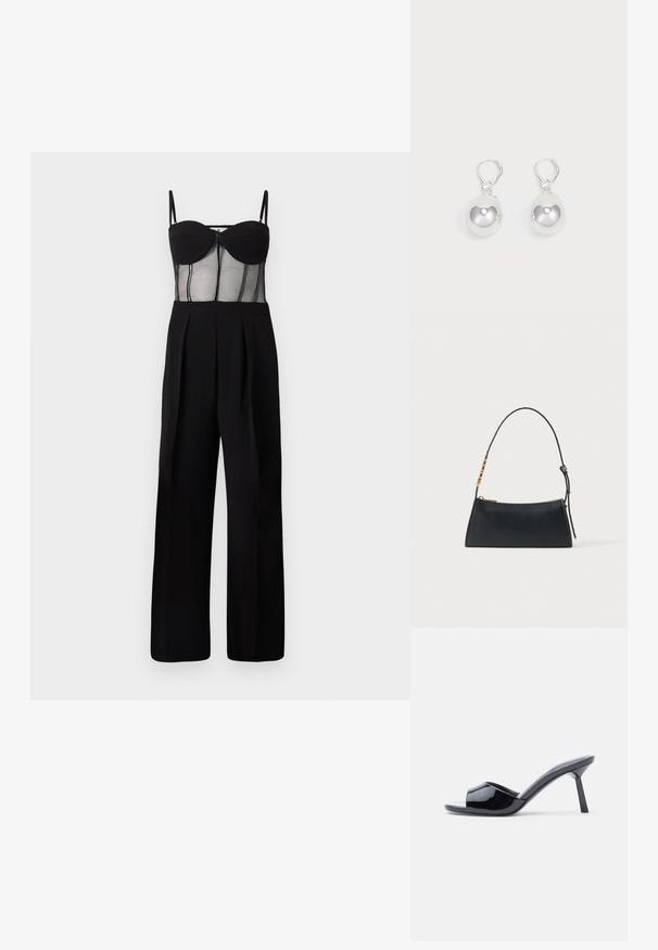 Sort jumpsuit med en tætsiddende mesh overdel med underwire kopper og vide ben. Detaljer inkluderer lynlås foran og plisseringer.; Sorte laklæder sandaletter med åben tå, der har et buet overdesign og en spids stilethæl. Glat, blank finish.; Sort læderhåndtaske med en guldlås og justerbar rem med gyldne rektangulære detaljer på en hvid baggrund.; Sølv dråbeøreringe med glatte, runde, reflekterende overflader hængende fra svingelukkede låse. Baggrunden er helt hvid.