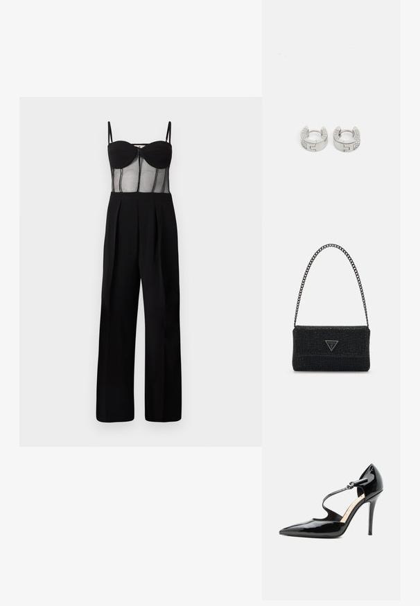 Sort jumpsuit med en tætsiddende mesh overdel med underwire kopper og vide ben. Detaljer inkluderer lynlås foran og plisseringer.; Sort læderhøjhælet sko med spids tå og tynd ankelrem fastgjort med en lille spænde.; Sort perlehandtaske med en tekstureret overflade, der har en kædestropp og et trekantet logo-plakette på fronten. Kompakt rektangulær form.; Guess STYLISH - Øreringe - silver-coloured