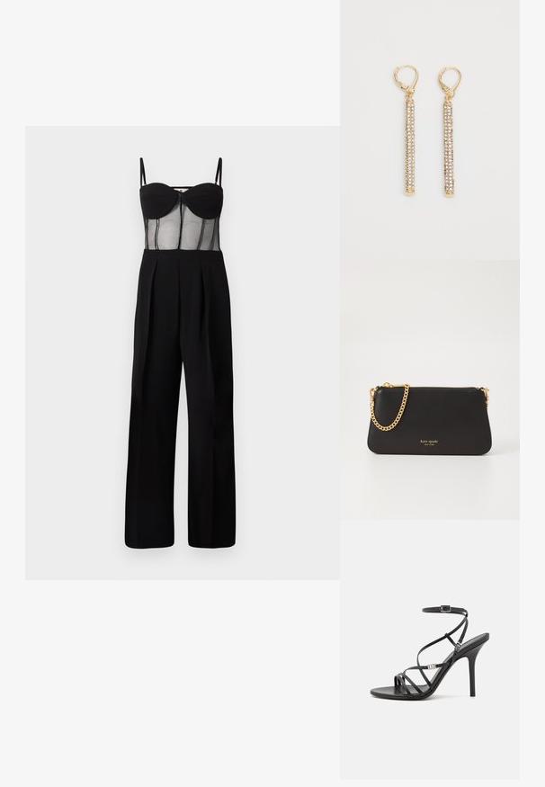 Combinaison noire avec un corsage en mesh ajusté et bonnets à armatures, ainsi que des pantalons à jambes larges. Les détails comprennent une fermeture éclair à l'avant et des plis.; Sandale noire à talons hauts avec des brides fines, une boucle à la cheville, une surface en cuir lisse et un talon aiguille élancé.; Pochette en cuir noir avec une chaîne en or. Dotée d'une fermeture éclair et d'un nom de marque embossé en or sur le devant. Texture lisse, forme rectangulaire.; Boucles d'oreilles en ton doré comportant de longues barres minces ornées de petits strass clairs. Fermoirs à ressort en haut pour un port sécurisé.