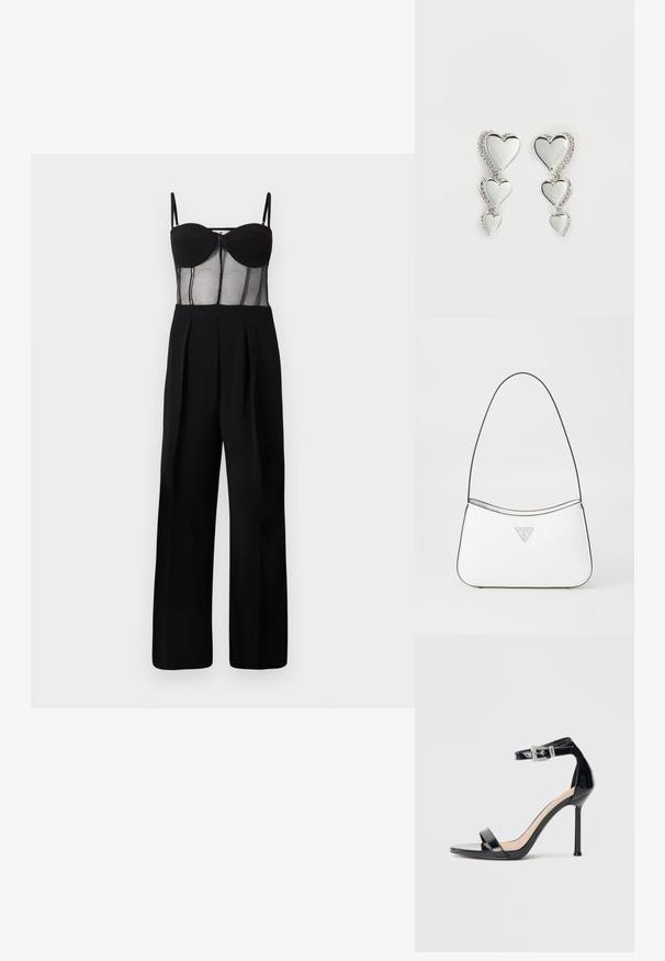 Sort jumpsuit med en tætsiddende mesh overdel med underwire kopper og vide ben. Detaljer inkluderer lynlås foran og plisseringer.; Sort højhælet sandal i laklæder med ankelrem. Har minimalistisk design, åben tå og spænde med rhinsten-detaljer.; Hvid håndtaske med et slankt, buet design, der har en tynd sort rem og sølvfarvet trekantet logoaccent. Glat tekstur og minimal detaljering.; Sølv hjerteformede øreringe med tre hængende hjerter, prydet med glitrende rhinsten. Reflekterende overflade med indgraveret mærkenavn.