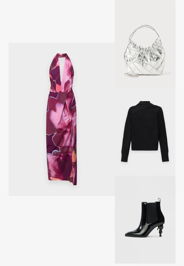 Halterneck maxi-jurk in multicolore bloemenprint, met een diepe V-hals, gewikkelde taille en vloeiende stof met een gladde textuur.; Zwarte trui met lange mouwen, hoge asymmetrische omgeslagen kraag en geribbelde manchetten en zoom tegen een witte achtergrond.; Zwarte enkellaars van lakleer met elastische zijpanelen, een spitse neus en een uniek sculpturaal hakontwerp met een klein figuurtje.; Zilverkleurige metallic quilted handtas met een geplooide bovenrand en dubbele kettinghandvatten op een witte achtergrond.