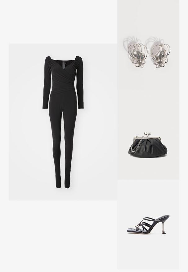 Musthave musta pikkade varrukatega jumpsuit, millel on ruudukujuline kaelus, kehas kokkuvolditud disain ja ja kitsa säärega, valmistatud venivast kangast.; Mustad kõrgete kontsadega sandaal ruudukujulise varbaosaga ja õhukese kontsaga, millel on kattuvad rihmad ja sõlmitud detail peal.; Musthave musta nahast käekott, millel on volditud tekstuur, hõbedane metallraam, lukustatud sulgemismehhanism ja kett. Sile ja pehme pind.; Hõbedast metallist kõrvarõngaste paar, millel on avatud traadist puuri disain ja siledad keskmised ovaalsed kujundid, mis heidavad valgel taustal kõveraid varje.
