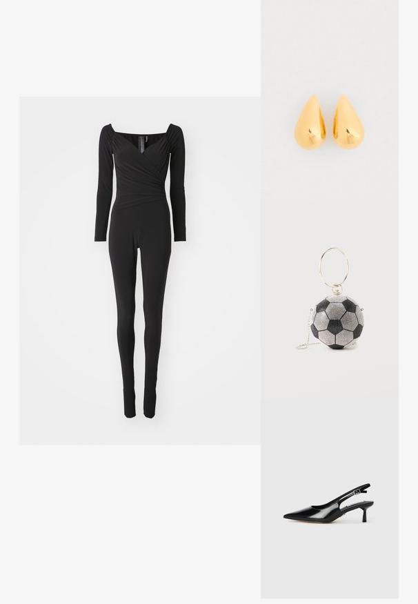 Musta pitkähihainen haalari, jossa on neliönmuotoinen kaula-aukko, rypytysdesign yläosassa ja kapeat lahkeet, valmistettu joustavasta kankaasta.; Mustat patenttimokkaiset slingback-korkokengät, joissa on terävä kärki, ohut korko ja säädettävä solkikiinnitys. Sileä pinta vähäisellä yksityiskohdalla.; Pieni pyöreä käsilaukku, joka on muotoiltu mustavalkoiseksi jalkapalloksi, kultaisella renkaankahvalla ja hopeisella ketjuhihnalla.; Kultaista pisaramuotoista korvakorua, jossa on sileä, kiillotettu pinta ja pyöristetyt alareunat, heijastaen valoa kiiltävällä pinnalla.