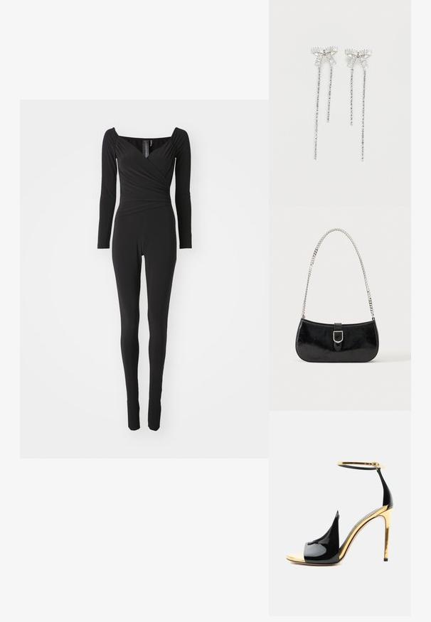 Sort langærmet jumpsuit med firkantet halsudskæring, indpakningsdesign ved kropholdet og tætsiddende ben, lavet af strækbart stof.; Sort laklæder høje hælsandal med gyldent stiletthæl, gyldent ankremed spænde og åben tå-design.; Sort skuldertaske i laklæder med sølv spænde og sølv kæderem, vist mod en ensartet lys baggrund.; Lange sølvøreringe med en klynge af rhinsten øverst og hængende tråde af mindre rhinsten nedenunder.