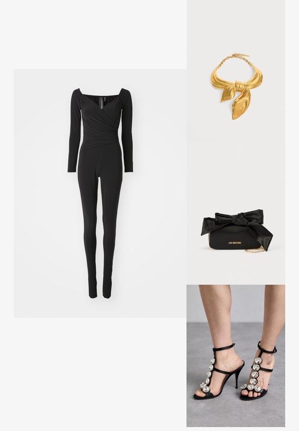 Zwarte jumpsuit met lange mouwen, een vierkante halslijn, een wikkelontwerp bij het lijfje en aansluitende pijpen, gemaakt van rekbaar materiaal.; Zwarte hoge hakken sandalen met satijnen banden en grote ronde strassaccenten langs de boog en enkel, open teen ontwerp.; Zwarte satijnen handtas met een grote strikdetail bovenop, gouden kettingriem en een geperst "LOVE MOSCHINO" logo aan de voorkant.; Goudkleurige metalen ketting in de vorm van een gestrikte sjaal met een verstelbare schakelsluiting op een witte achtergrond.