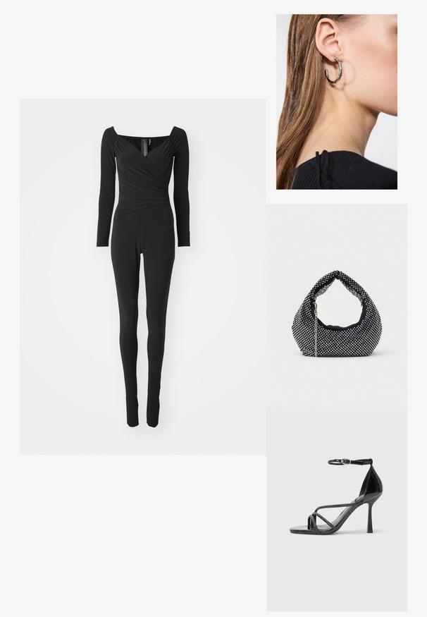 Musthave musta pikkade varrukatega jumpsuit, millel on ruudukujuline kaelus, kehas kokkuvolditud disain ja ja kitsa säärega, valmistatud venivast kangast.; Mustmustöötikud mustast patendist, kontsad kõrgusega, kahe rihmaga ümber pahkluude, koos ristuvate rihmade ja peene terava ninaga.; Must mustraga, mis on kaunistatud hõbedaste studidega, kõverate käepidemete ja kettiga rihmaga. Pehme tekstuur ja ümar kuju.; Hõbedane rõngas kõrvarõngas poleeritud viimistlusega, millel on väikesed kuldsed aktsendid ja ümmargune kuju, kantud lobus.