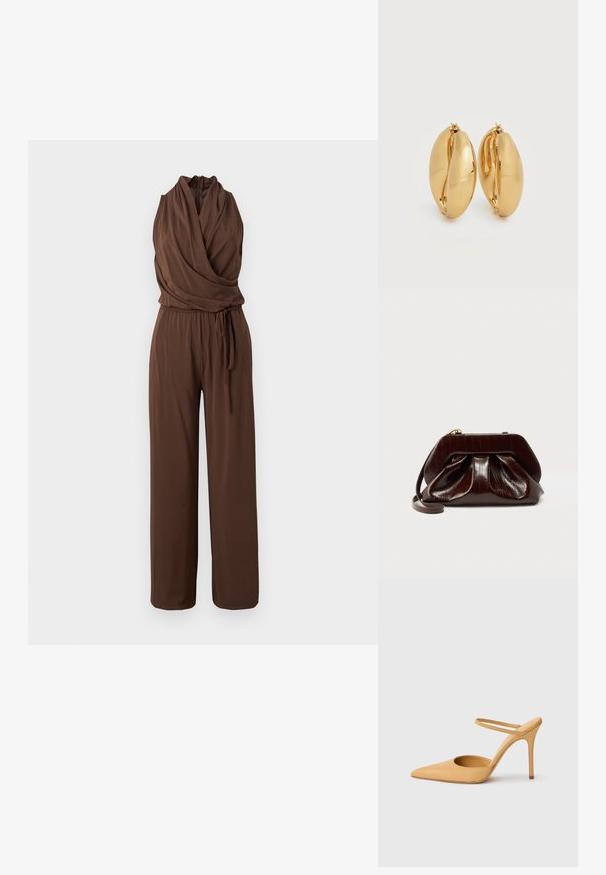 Sleeveless brown jumpsuit with draped V-neck, cinched waist with tie belt, and wide-leg trousers on plain background.; Beige pointed-toe stiletto heel shoe with a thin ankle strap on a white background.; Dark brown glossy leather clutch bag with pleated design and a thin wrist strap on white background.; Pair of polished gold-tone thick hoop earrings with a slightly oval, chunky design and hinge clasps on a white background.