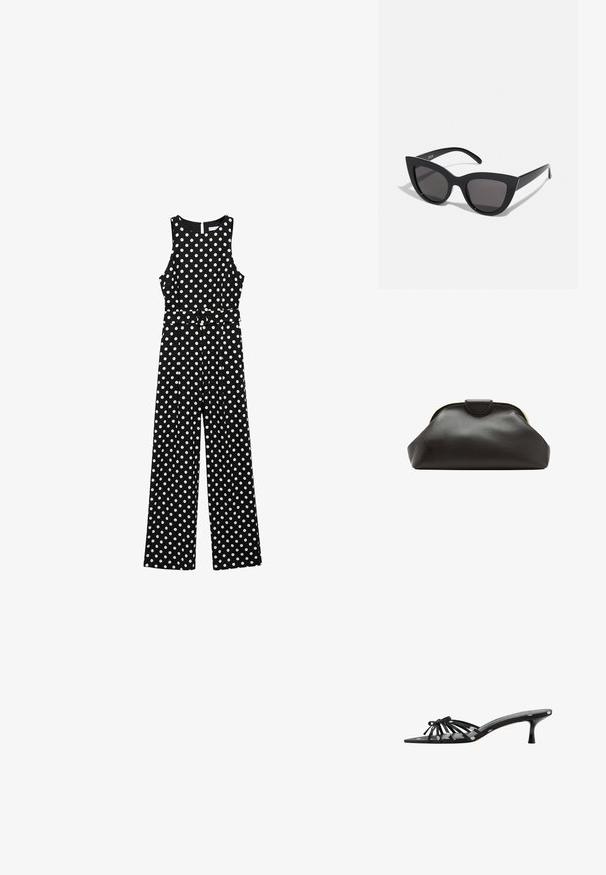 Sort jumpsuit med hvide prikker, ærmeløs design, indsnævret talje med bælte, brede bukser og en nøglehulskæring i ryggen.; Sort åben tå mule med tynde stropper, sløjfedetalje, lav kitten heel og hvidt polkaprikket mønster på stropper og fodseng.; Sorte cat-eye solbriller med mat finish, der har grå tonede linser, skarpe vinkler og slanke sidearme. Mærkenavnet er synligt på den indre arm.; Blød sort læder clutch taske med en rundet ramme og en lille lukning i toppen midt på.