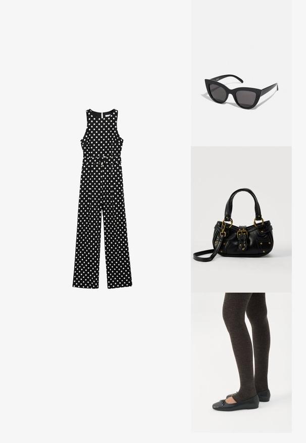 Zwarte jumpsuit met witte stippen, mouwloos ontwerp, taille cinched met een riem, wijde broekspijpen en een sleutelgatuitsnede op de rug.; Benen met donkere geribbelde leggings gecombineerd met zwarte ballerina's met kleine strikdetails op een witte achtergrond.; Zwarte cat-eye zonnebril met een matte afwerking, voorzien van grijs getinte glazen, scherpe hoeken en slanke zijarmen. Merkennaam zichtbaar op de binnenarm.; Zwarte leren handtas met gouden gesp en klinknagel details, korte handvatten en een verstelbare schouderriem op een effen witte achtergrond.