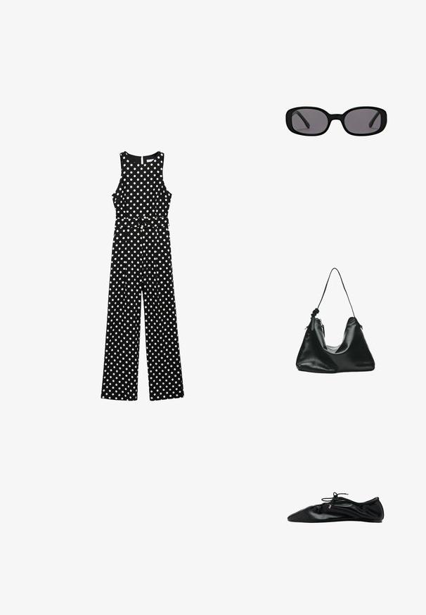 Sort jumpsuit med hvide prikker, ærmeløs design, indsnævret talje med bælte, brede bukser og en nøglehulskæring i ryggen.; Sort ballerinasko i læder med samlet tå og snøre med metalender, minimalistisk og elegant set fra siden.; Sorte ovale solbriller med tykke stel og mørke glas vist på en ensfarvet hvid baggrund.; Sort læder skuldertaske med en enkelt tynd rem og lynlåslukning, vist mod en hvid baggrund.