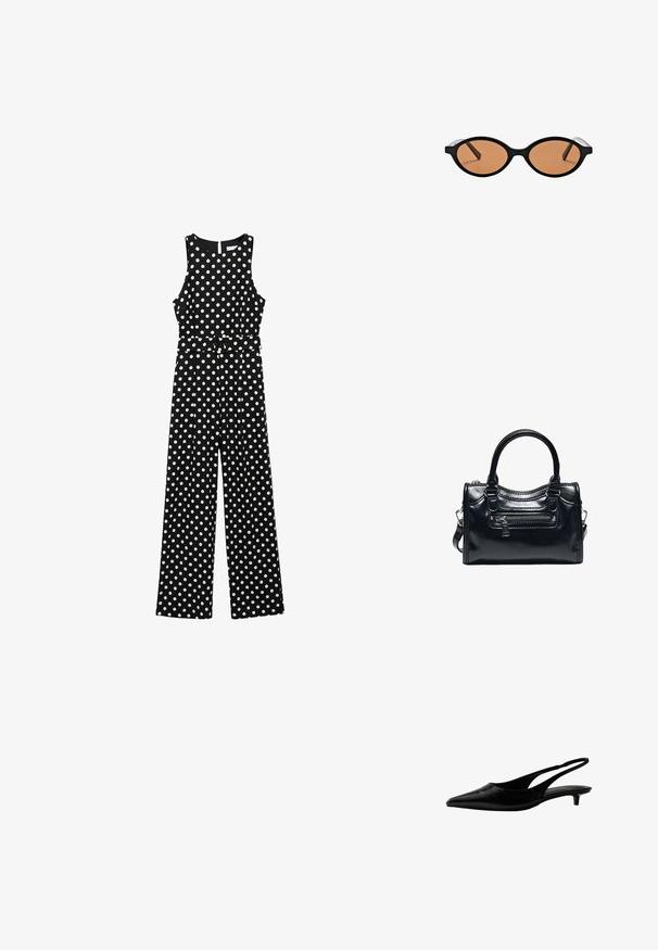 Sort jumpsuit med hvide prikker, ærmeløs design, indsnævret talje med bælte, brede bukser og en nøglehulskæring i ryggen.; Sort spids slingback-sko med lav kitten-hæl og glat, let struktureret læderoverdel.; Sorte ovale solbriller med brune tonede linser og tynde sorte arme, vist mod en hvid baggrund.; Sort skinnende læderhåndtaske med to håndtag, lynlåslomme foran og aftagelig skulderrem på hvid baggrund.