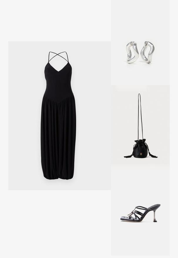 Robe noire sans manches avec un décolleté en V, dotée de sangles croisées et d'une jupe bouffante plissée. Fabriquée en tissu doux et léger.; Sandale à talon haut noire avec brides fines, bout carré et talon stiletto mince, présentant des brides qui se croisent et un nœud décoratif sur le dessus.; Sac seau noir à cordon avec une longue sangle fine et un petit logo carré doré sur le devant, présenté sur un fond uni.; Boucles d'oreilles créoles argentées avec un design torsadé. Bords arrondis et finition brillante. Fermoirs ouverts pour un port facile. Texture lisse sur toute la surface.
