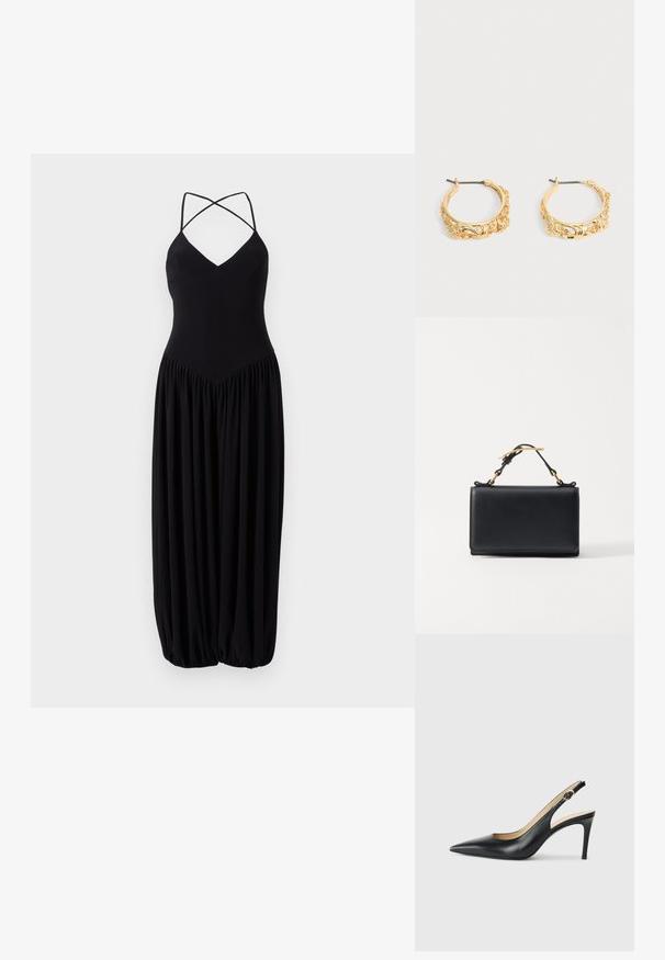 Schwarzes ärmelloses Kleid mit V-Ausschnitt, ausgestattet mit überkreuzten Trägern und einem gerafften, ballonförmigen Rock. Hergestellt aus weichem, leichtem Stoff.; Schwarze Leder-Slingback-High-Heels mit spitzem Zehenbereich, verstellbarem Riemen und schlankem Stiletto-Absatz, ausgestattet mit einer glatten Oberfläche.; Schwarze Lederhandtasche mit rechteckiger Form, ausgestattet mit einem oberen Griff und goldfarbenen Hardware-Akzenten. Glatte Textur, minimalistisches Design.; Paar goldfarbene Creolen mit verziertem Blumen- und Blattrelief auf neutralem Hintergrund.