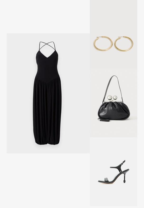 Schwarzes ärmelloses Kleid mit V-Ausschnitt, ausgestattet mit überkreuzten Trägern und einem gerafften, ballonförmigen Rock. Hergestellt aus weichem, leichtem Stoff.; Schwarze hochhackige Sandale aus Leder mit dünnen Riemen, offenem Zehenbereich und verstellbarer Schnalle am Knöchel, vor einem schlichten weißen Hintergrund präsentiert.; Schwarze Ledertasche mit gerafftem Design, einem einzelnen Riemen, silbernem Metallrahmen und zwei großen runden silbernen Verschlüssen.; Paar glatter, glänzender goldener Creolen mit dünnen Stegen und Klappverschlüssen auf schlichtem hellem Hintergrund.