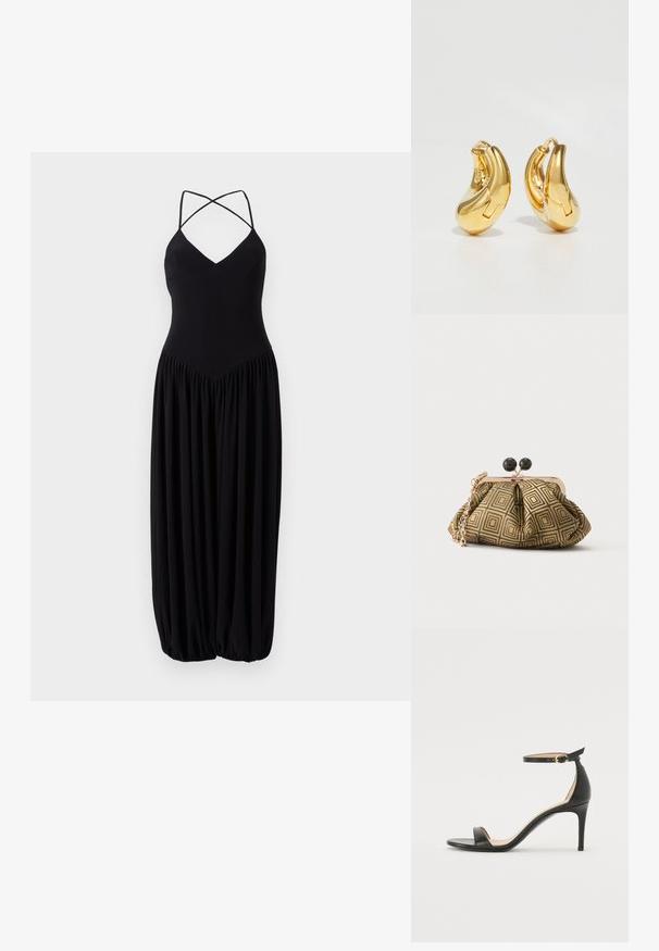 Schwarzes ärmelloses Kleid mit V-Ausschnitt, ausgestattet mit überkreuzten Trägern und einem gerafften, ballonförmigen Rock. Hergestellt aus weichem, leichtem Stoff.; Schwarze Leder-high-heeled Sandale mit Knöchelriemen. Verfügt über eine glatte Textur, offene Zehen und einen dünnen Absatz. Goldfarbener Schnallenakzent.; Kleine Clutch mit goldenem und schwarzem geometrischem Muster, goldfarbenem Metallrahmen, schwarzem Kugelverschluss und kurzem goldfarbenem Kettenriemen.; Goldene Creolen mit einer glatten, geschwungenen Form und polierter Oberfläche. Mit einem Verschlussmechanismus und leichten Einkerbungen für Details.